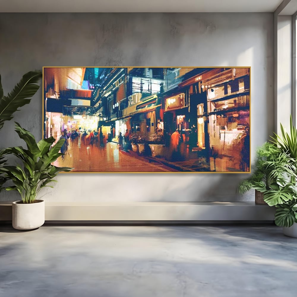 Tablou canvas cu pictura urbana cu strada luminata noaptea, in rama de aluminiu auriu